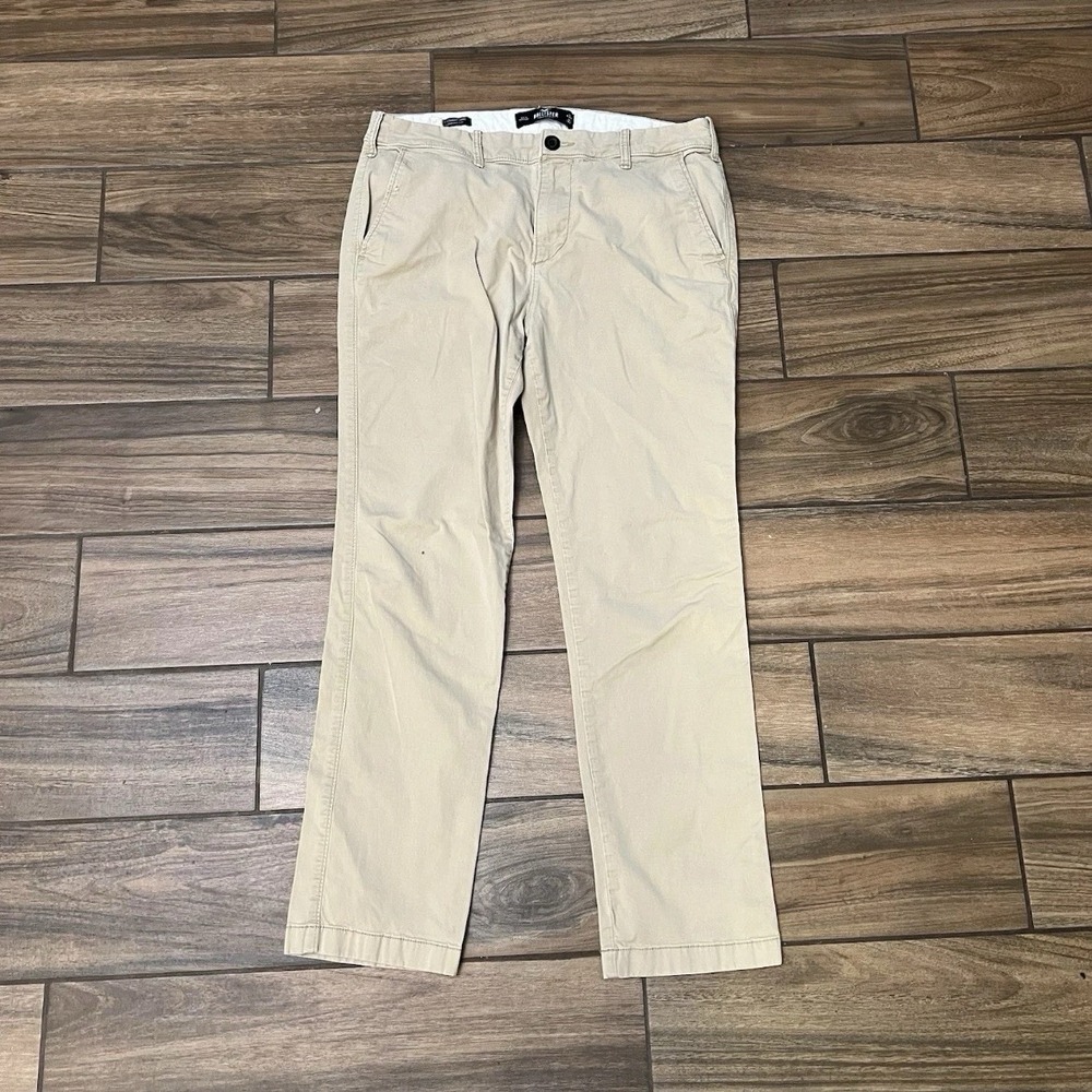Hollister Mens Khaki Chino Pants Straight Fit Beige Casual W34 L32